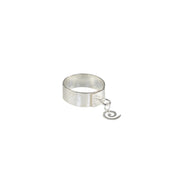 Silver ring band 7mm wide and with a round hammered finish. This ring is adjustable meaning it wraps around the finger and isn't soldered closed so you can adjust and bend the ring to fit. It features a swirl charm with a hammered shiny finish. 