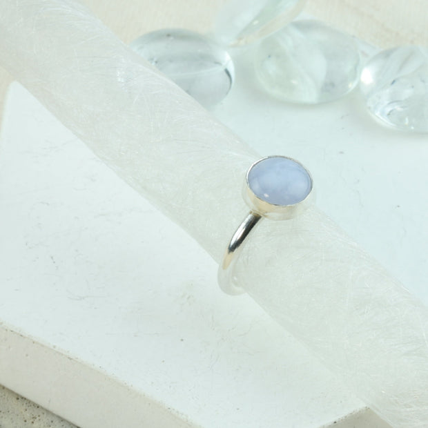 Eco silver Blue lace Agate gemstone ring. Featuring a round ring band and Blue lace Agate gemstone. This ring is the ultimate combination with the wishbone ring. This will frame the gemstone and emphasize and frame it to stand out even more.