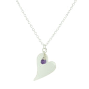 Silver personalised heart pendant necklace with Amethyst briolette gemstone.  The heart is approximately 2.5 x 2cm in diameter  with a smaller version of 2 x 1.5cm available as well and can be personalised with a word, initials, letter or symbols. The briolette gemstones is attached to the same jump ring as the pendant, so they sit together. The necklace can be fastened at three different lengths at 40cm, 45cm and 50cm.