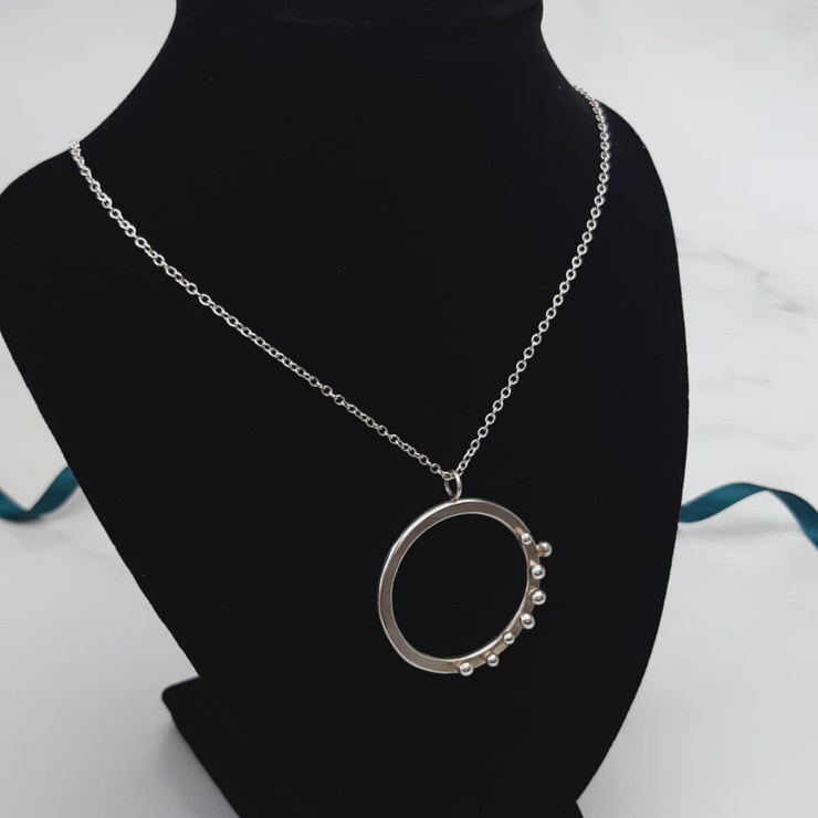 Silver flat hoop pendant necklace with silver balls