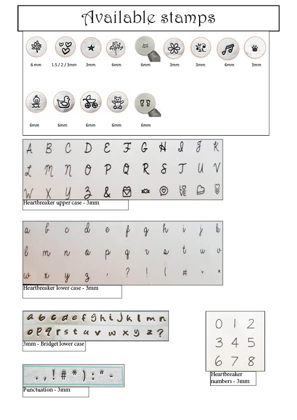 An overview of all available stamps. Different fonts and multiple stamps featuring shapes and figures.