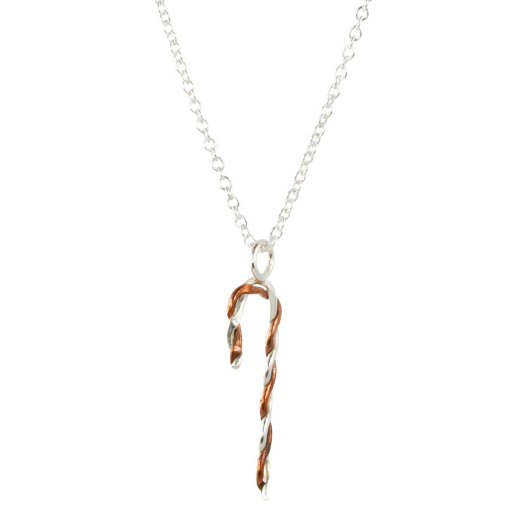 Silver and copper pendant necklace featuring a candy cane shape made from copper and silver wire that has been twisted around each other. This is the larger size.