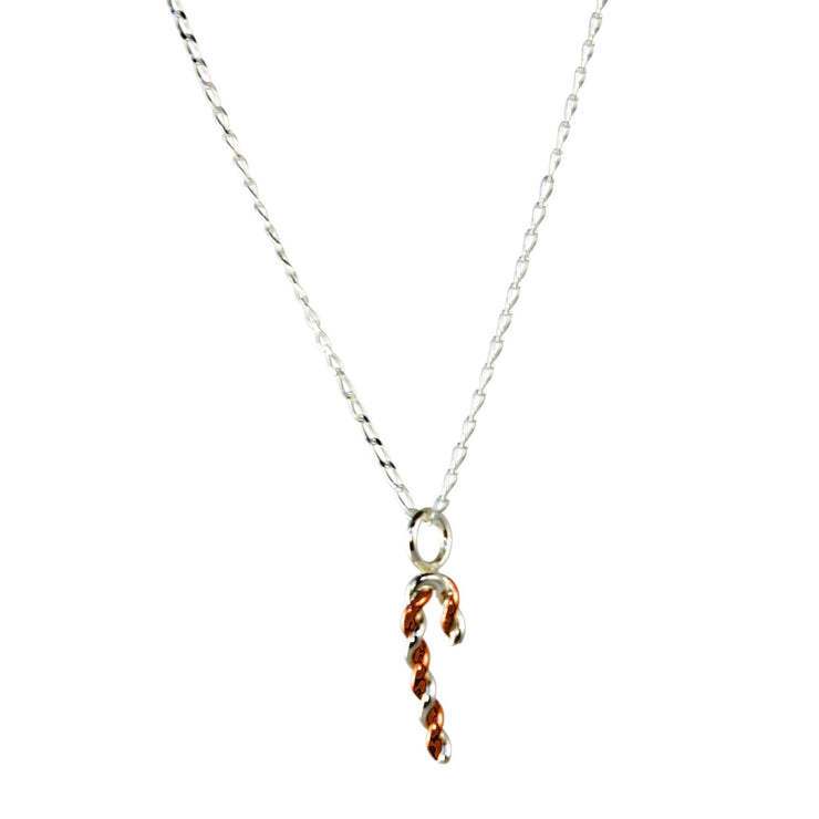 Silver and copper pendant necklace featuring a candy cane shape made from copper and silver wire that has been twisted around each other. This is the smaller size.