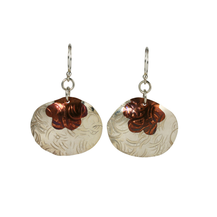 Silver and copper flower inlay earrings