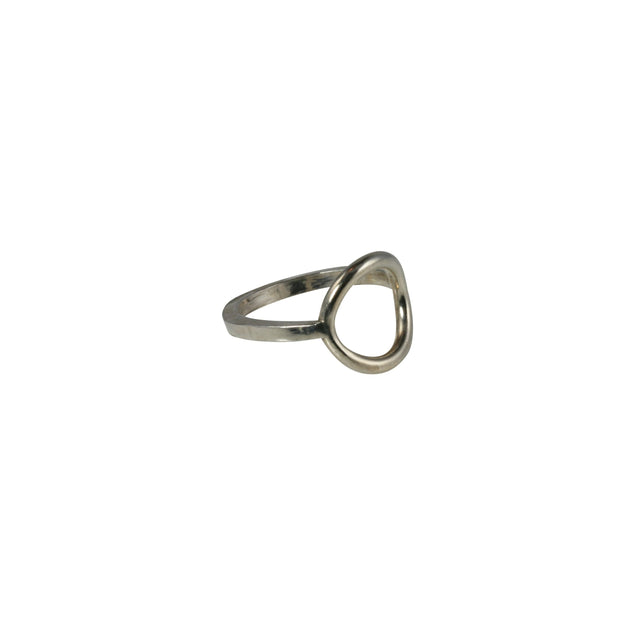Eco silver ring featuring a square ring band and a round hoop. It has a shiny mirror finish.