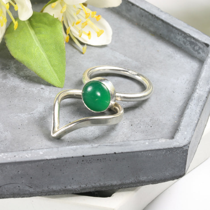 Eco silver Green Agate gemstone ring. A simple and classic round ring band featuring a Green Agate gemstone. A perfect ring on its own and in combination with the wishbone ring which frames the gemstone beautifully.