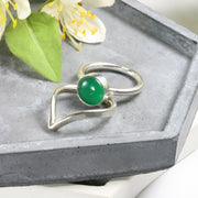 Eco silver wishbone ring and Green Agate gemstone ring. This ring is made using D shaped wire with the curve on the inside and the flat side on the outside. The rich dips into a V-shape on one side. This  design is beautiful on its own and in combination with a gemstone ring allowing space to wrap around it.