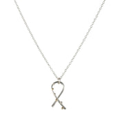 Silver pendant necklace featuring a twirl shape. Three 9ct gold and three silver balls are featured to one side at the front. The pendant has a shiny mirror finish and the necklace can be fastened at two different lengths.