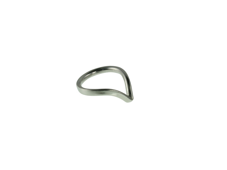 Eco silver wishbone ring. This ring is made using D shaped wire with the curve on the inside and the flat side on the outside. The rich dips into a V-shape on one side. This  design is beautiful on its own and in combination with a gemstone ring allowing space to wrap around it.