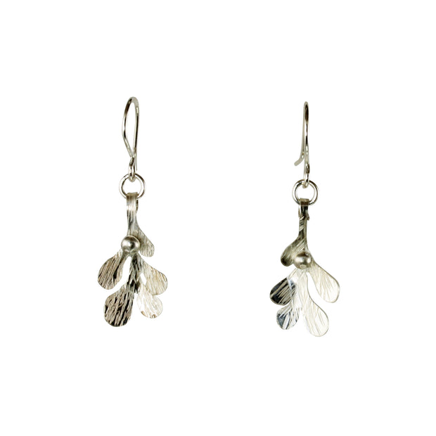 Silver hook earrings featuring Mistletoe with a silver ball as a berry. The leaves have a striped texture and a shiny silver finish. The total drop is 2.5cm from the hook.