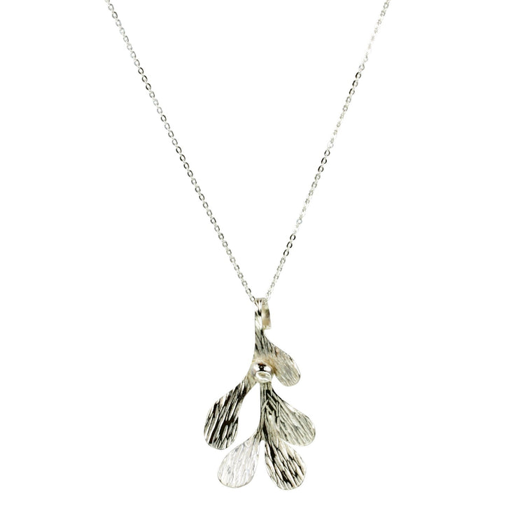 Silver Mistletoe pendant necklace. This necklace can be worn at two different lengths and features a Mistletoe pendant with five textured leaves and a silver berry at the top of the leaf.