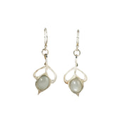 Silver hook earrings with a leaves and flower bud shape. The flower bud features a Grey Moonstone gemstone.
