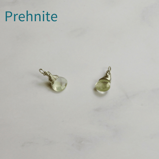 Prehnite briolette gemstones set in a handmade silver wire setting. To add onto the hoop earrings, available on their own, in sets of two or three, and combined with hoop or twisted hoop earrings.