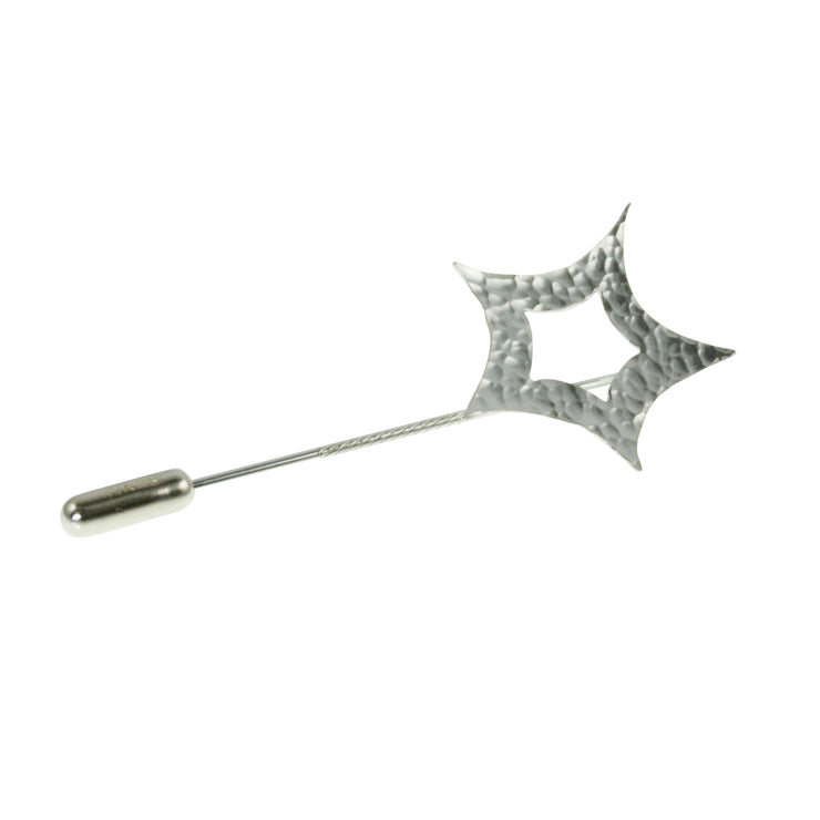 A silver pin featuring a star. The star is open on the inside and has curved sides. It has a hammered texture and a shiny finish. The pin comes with a pin protector to protect you and your clothing from the sharp end.