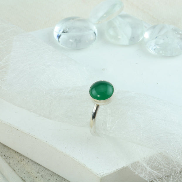 Eco silver Green Agate gemstone ring. A simple and classic round ring band featuring a Green Agate gemstone. A perfect ring on its own and in combination with the wishbone ring which frames the gemstone beautifully.