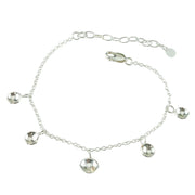 Silver bracelet with 5 domed cups attached to the chain a charms. The middle cup is slightly bigger than the others and features a gold ball. The cups have a slightly striped texture and mirror finish.