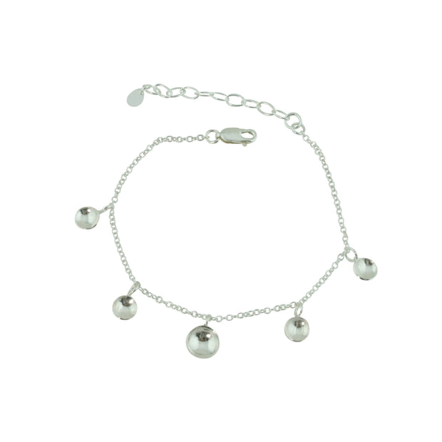 Silver bracelet featuring five domed cups. The middle cups is slightly larger than the other 4. It is fastened with a lobster clasp and can be fastened at different lengths. The cups have a stripe texture.