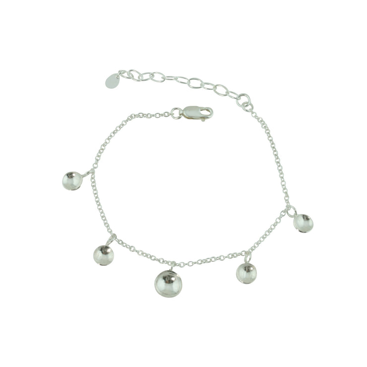 Silver bracelet featuring five domed cups. The middle cups is slightly larger than the other 4. It is fastened with a lobster clasp and can be fastened at different lengths. The cups have a stripe texture.