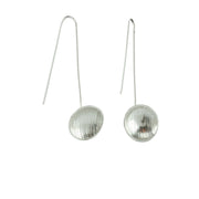 Eco silver drop cup earrings. The drop hook and cup are made from eco silver. The cup has been given a stripe texture and a mirror finish.