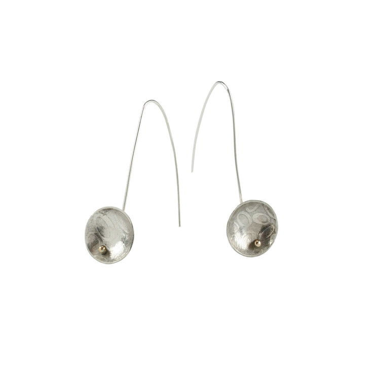 Eco silver drop cup earrings with 9ct gold ball. The drop hook and cup are made from eco silver. The cup has been given a pebble texture and a mirror finish. The gold ball sits in the bottom half of the cup.