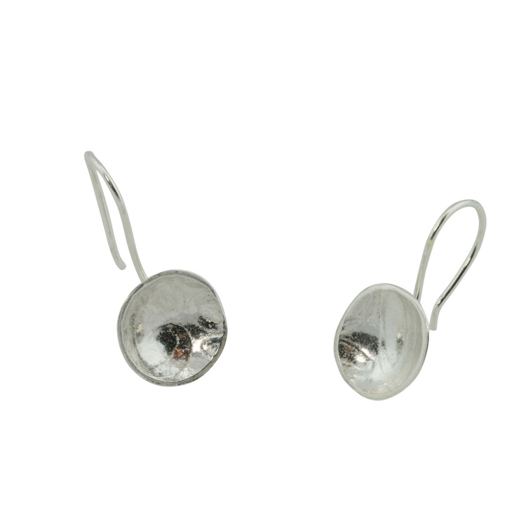 Eco silver domed cups with a pebble texture. Ovals in different sizes and widths have been applied to the inside of the cups. They are attached to hooks from the back of the cup.