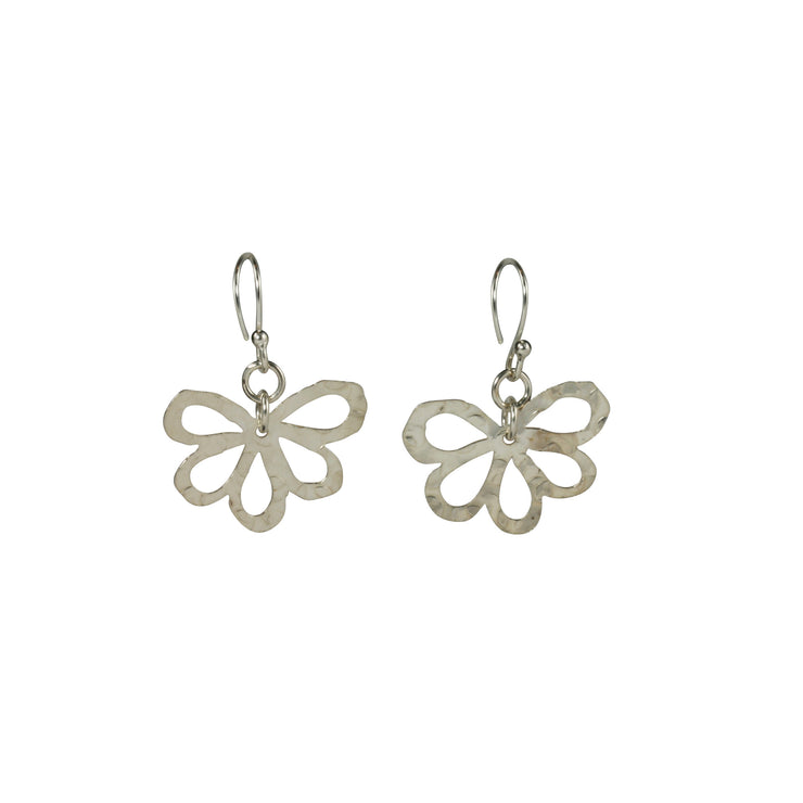 Silver earrings with a flower shape with five rounded petals. They have a hammered texture and mirror finish.