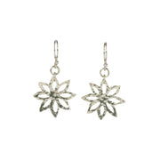 Silver earrings with a flower shape with sharp pointed petals. They have a hammered texture and mirror finish.
