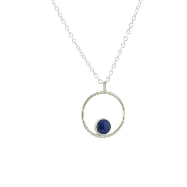 Silver pendant necklace featuring a hoop with a gemstone in inside at the bottom. The gemstone measures 8mm in diameter. This pendant features a Lapis Lazul gemstone, other options are available.