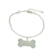 Silver personalised charm bracelet with a dog bone charm that can be personalised with a word, name, initials or symbols of your choosing. The bracelet features an extender chain so the bracelet fits between 16.5 and 21cm. The charm is made using eco silver.