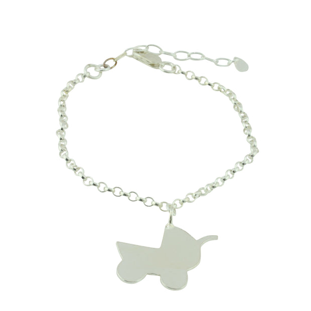 Silver personalised charm bracelet with a pram charm that can be personalised with a word, name, initials or symbols of your choosing. The bracelet features an extender chain so the bracelet fits between 16.5 and 21cm. The charm is made using eco silver.