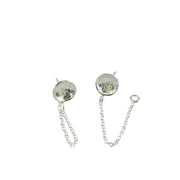 Eco silver cup chain earrings. Featuring a cup stud earing with a pebble or stripe texture that has a shiny mirror finish. They have a small 9ct gold ball sitting in the bottom half of the cup. A 40mm chain is attached to the bottom and loops around the back with the stud through it.