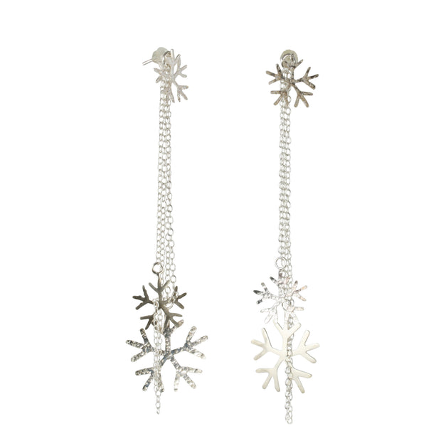 Silver snowflake earrings featuring a stud earring which can be worn on its own. The drop part can be added by looping the stud through the jump ring which features four chains, of which two have a snowflake attached at the bottom. One is larger than the other. The total length of the drop is 10cm / 4". 
