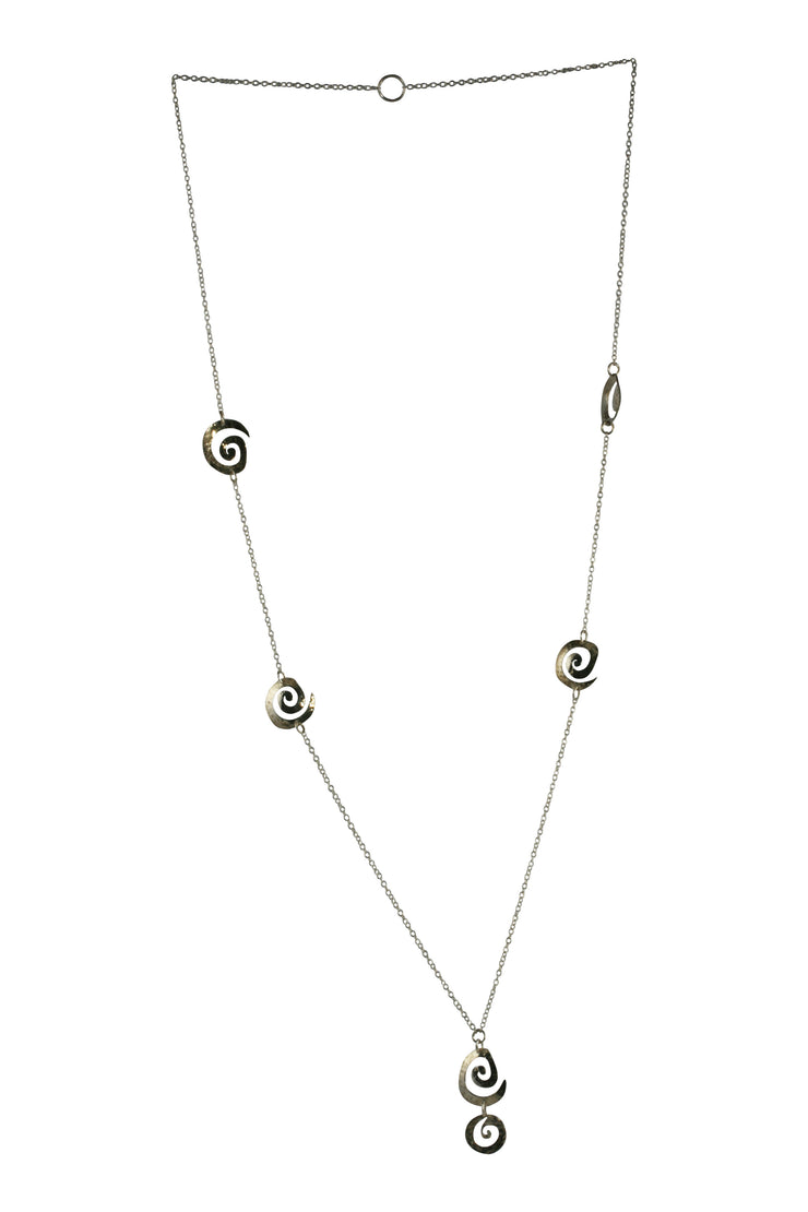 Silver opera necklace featuring 6 swirls with a hammered sparkly finish. The two bottom swirls form a small drop to add some detail. The swirls are connected by trace chain.