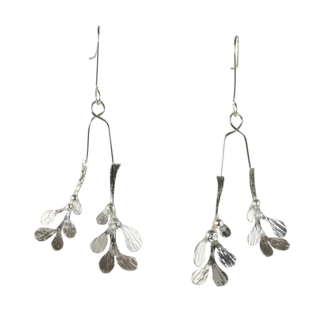 Silver drop earrings featuring two Mistletoe branches with silver balls as berries. Both branches are attached to asilver hook and the total drop is 6.5cm from the hook. 